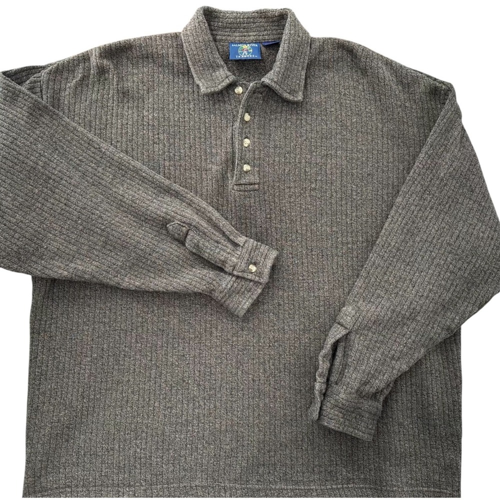 Salmon River Traders Polo Sweater 1990's Ribbed Cotton Brown Heather Men's Large